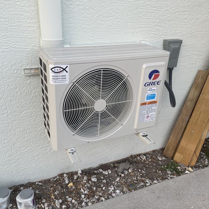 Mini split outdoor unit mounted on a wall